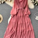 Spring Women Draped Long Dress Vintage V Neck Lantern Sleeve High Waist A Line Pleated Maxi Vestidos Purple/red/blue Rob