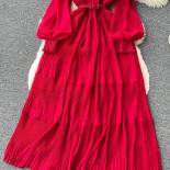 אביב נשים שמלה ארוכה לבוש וינטג 'צוואר V פנס שרוול מותן גבוה קו קפלים מקסי vestidos סגול/אדום/כחול רובה