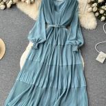 Robe longue drapée Vintage pour femmes, col en V, manches lanternes, taille haute, ligne A plissée, Maxi, violet/rouge/bleu, pri