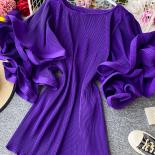 Summer Women Pleated Blouse Vintage O Neck Double Layer Ruffle Short Sleeve Draped Shirt Female Purple/green/white Tops 
