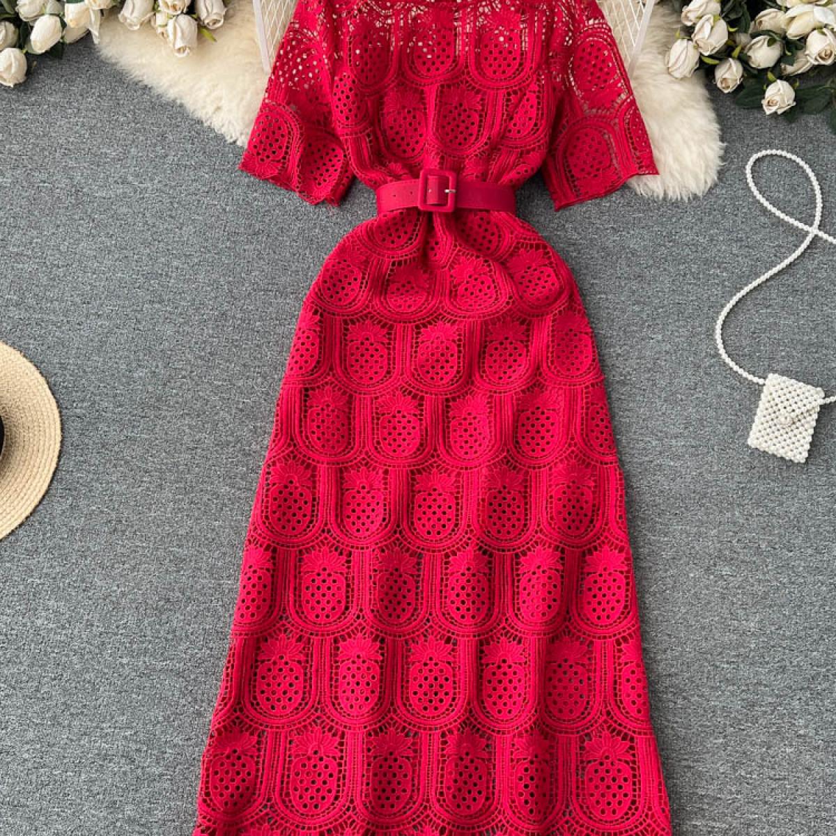 Summer Women Red/white/yellow/purple Hollow Out Party Long Dress Female Elegant Round Collar Short Sleeve Hook Flower Ro