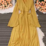 Spring Autumn Women Pink/yellow/white Pleated Draped Party Long Dress Elegant Halter V Neck Flare Sleeve High Waist Maxi