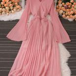 Spring Autumn Women Pink/yellow/white Pleated Draped Party Long Dress Elegant Halter V Neck Flare Sleeve High Waist Maxi