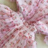Robe plissée en maille florale pour femmes, douce, col en V, manches courtes, taille haute, ligne A, longueur aux genoux, tenue 