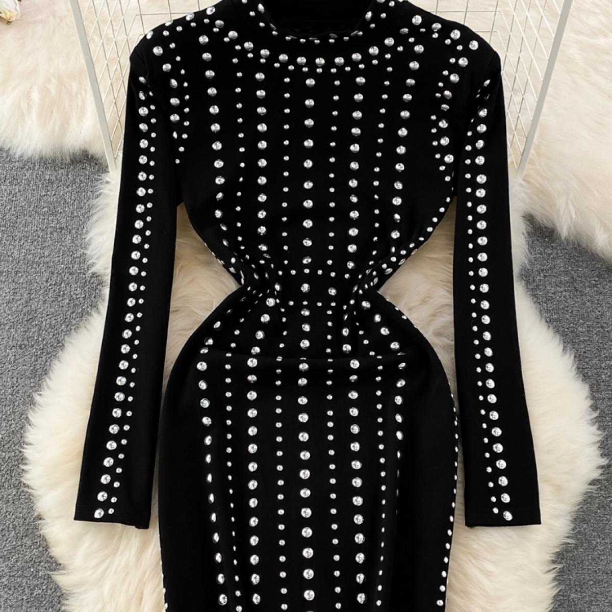 Autumn Winter Women Black Rivet Bodycon Dress Vintage Stand Collar Long Sleeve Slim Retro Mini Vestidos Female Sheath Ro