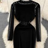 Autumn Winter Women Black Rivet Bodycon Dress Vintage Stand Collar Long Sleeve Slim Retro Mini Vestidos Female Sheath Ro