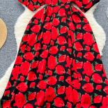 Robe mi-longue à fleurs pour femmes, Vintage, col en V, ajouré, manches courtes, taille haute, ligne A, Robe de plage, vacances,