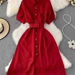 Summer Vintage Green/blue/red Turndown Collar Single Breasted Dress Casual Short Sleeve High Waist Aline Midi Robe New F