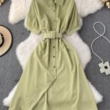Summer Vintage Green/blue/red Turndown Collar Single Breasted Dress Casual Short Sleeve High Waist Aline Midi Robe New F