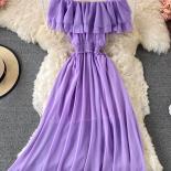 Yellow/purple/white Chiffon Dress Women  Slash Neck Ruffle Robe Elegant Ruffle High Waist Vestidos Female Beach Vacation