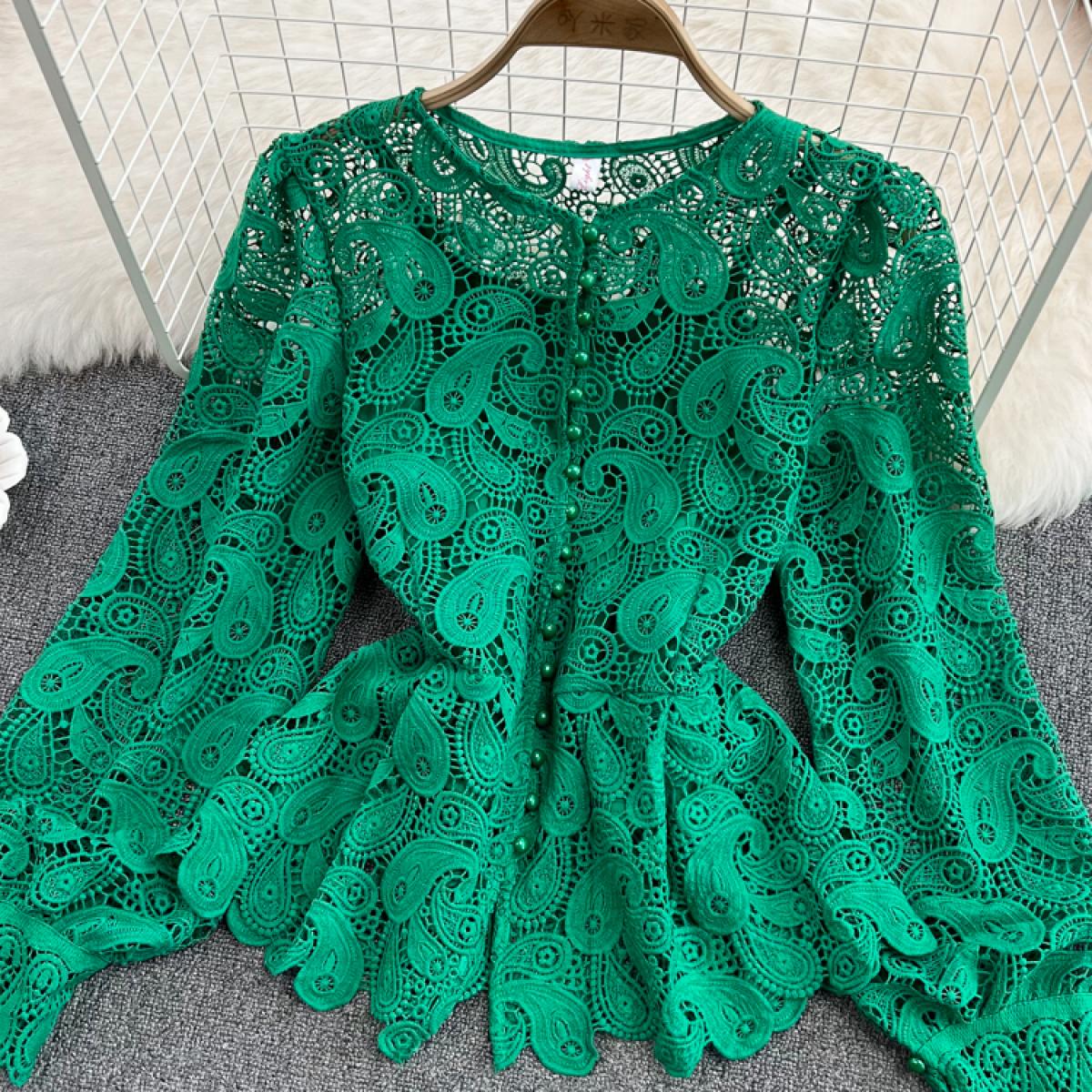Green/purple/rose Red Hollow Out Blouse Women Vintage Elegant Round Neck Lantern Long Sleeve Single Breasted Shirt New B