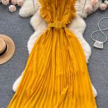 Summer Women Pleated Chiffon Long Dress Vintage Ruffle Stand Collar Flying Sleeve High Waist Draped Maxi Party Vestidos 