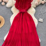 Summer Women Pleated Chiffon Long Dress Vintage Ruffle Stand Collar Flying Sleeve High Waist Draped Maxi Party Vestidos 