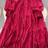 Spring Autumn Women Lace Midi Dress Vintage Round Neck Lantern Long Sleeve High Waist A Line Elegant Party Robe New Fash