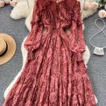 Spring Autumn Women Lace Midi Dress Vintage Round Neck Lantern Long Sleeve High Waist A Line Elegant Party Robe New Fash