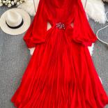 Autumn Purple/black/red Diamonds Draped Chiffon Pleated Party Long Dress Women Beach Vacation Vestidos Elegant Puff Slee