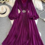 Autumn Purple/black/red Diamonds Draped Chiffon Pleated Party Long Dress Women Beach Vacation Vestidos Elegant Puff Slee