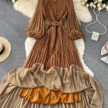 Autumn Women White/black/brown Polka Dot Long Dress Vintage Round Neck Puff Sleeve Elegant Aline Maxi Vestidos Female  N