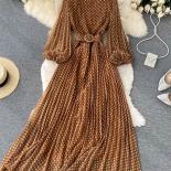 Autumn Women White/black/brown Polka Dot Long Dress Vintage Round Neck Puff Sleeve Elegant Aline Maxi Vestidos Female  N