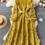 Spring Autumn Women Hook Flower Hollow Party Long Dress Vintage Round Neck Puff Sleeve High Waist Aline Maxi Vestidos Ne