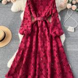 Spring Autumn Women Hook Flower Hollow Party Long Dress Vintage Round Neck Puff Sleeve High Waist Aline Maxi Vestidos Ne