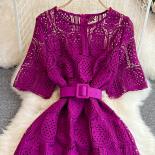 Summer Women Vintage Purple/red/white Hollow Lace Party Maxi Dress Female Elegant Round Neck Short Sleeve Slim Robe New 