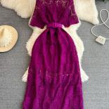 Summer Women Vintage Purple/red/white Hollow Lace Party Maxi Dress Female Elegant Round Neck Short Sleeve Slim Robe New 