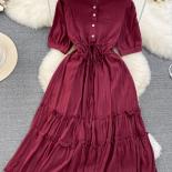 Summer Women Pleated Midi Dress Vintage Ruffle Round Neck Short Sleeve Single Breasted Drawstring Vestidos Casual Robe 2