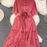 Summer Women Pleated Midi Dress Vintage Ruffle Round Neck Short Sleeve Single Breasted Drawstring Vestidos Casual Robe 2