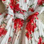 Summer Women Floral Chiffon Draped Long Dress Vintage V Neck Short Puff Sleeve High Waist Ruffle Pleated Vacation Beach 