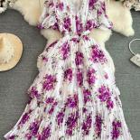 Summer Women Floral Chiffon Draped Long Dress Vintage V Neck Short Puff Sleeve High Waist Ruffle Pleated Vacation Beach 