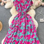 Summer Women Floral Chiffon Midi Dress Vintage Vneck Ruffle Hem Elegant Single Breasted Vestidos Female Vacation Beach R