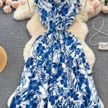 Summer Women Floral Chiffon Midi Dress Vintage Vneck Ruffle Hem Elegant Single Breasted Vestidos Female Vacation Beach R