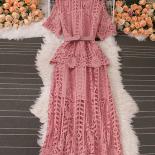 Summer Vintage Women Hollow Out Lace Ruffle Long Dress Elegant Round Neck Short Sleeve High Waist Slim Maxi Party Vestid