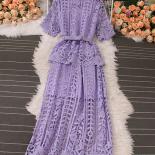 Summer Vintage Women Hollow Out Lace Ruffle Long Dress Elegant Round Neck Short Sleeve High Waist Slim Maxi Party Vestid
