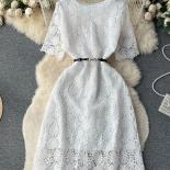 Summer Women Hollow Out Lace Embroidered Dress Vintage Round Neck Short Sleeve High Waist A Line Party Mini Vestidos Fem