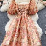 Sweet Square Collar Mesh Chiffon Mini Dress Women Floral Short Puff Sleeve High Waist Aline Vestidos Female Beach New Fa