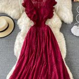 Vintage Purple/green/red Lace Midi Dress Women Sweet Round Neck Ruffle Vestidos Female High Waist Slim Robe Spring Autum
