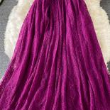 Vintage Purple/green/red Lace Midi Dress Women Sweet Round Neck Ruffle Vestidos Female High Waist Slim Robe Spring Autum