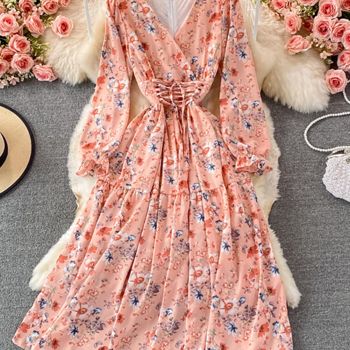 US$32.68-Spring Autumn Women Floral Chiffon Midi Dress