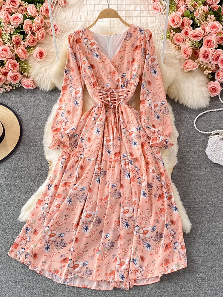 US$32.68-Spring Autumn Women Floral Chiffon Midi Dress