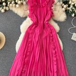 Summer Rose Red/purple/green Ruffle Pleated Long Dress Vintage Round Neck Sleeveless High Waist Chiffon Maxi Vestidos Fe
