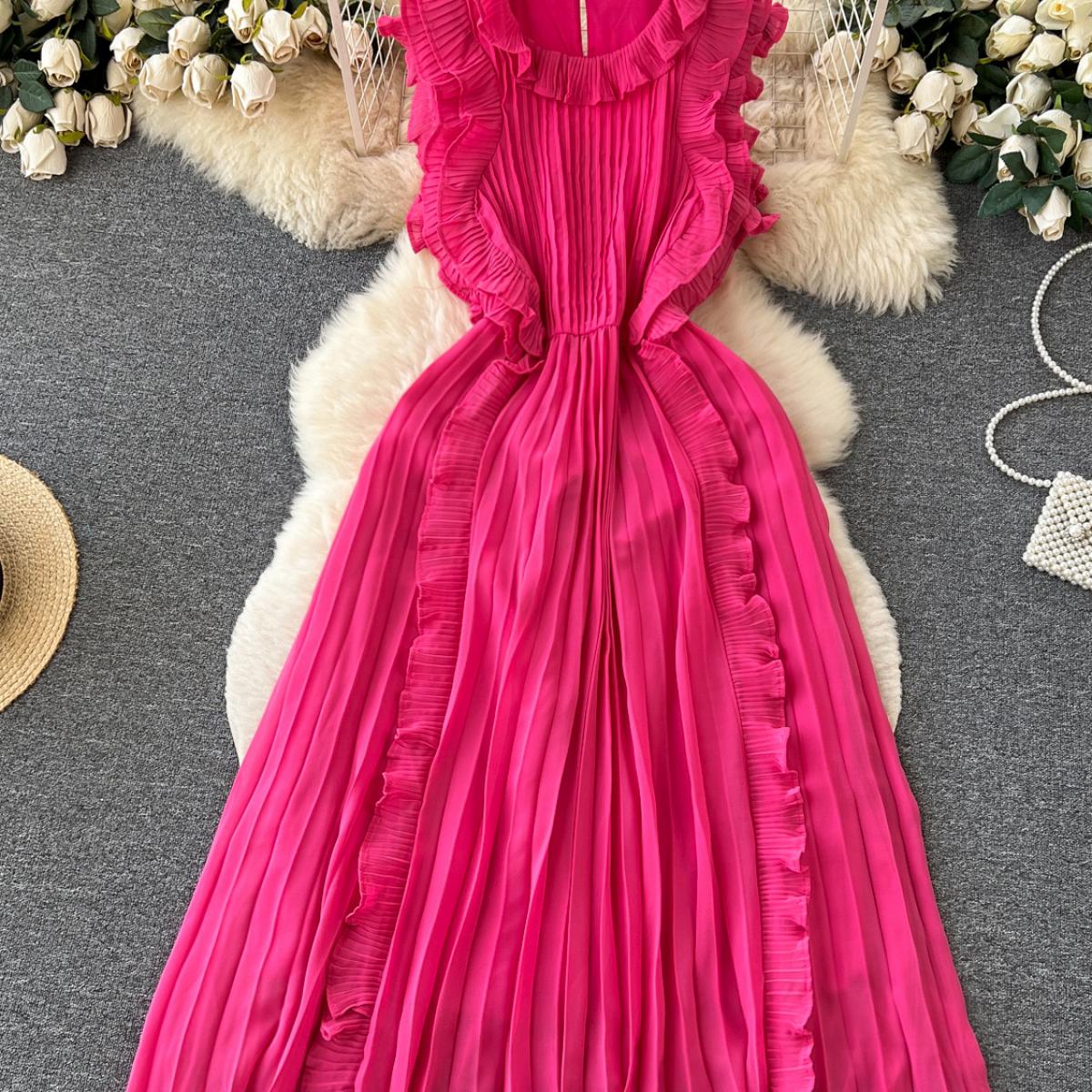 Summer Rose Red/purple/green Ruffle Pleated Long Dress Vintage Round Neck Sleeveless High Waist Chiffon Maxi Vestidos Fe