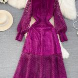 Spring Autumn Women Hook Flower Hollow Lace Party Long Dress Vintage Round Neck Lantern Sleeve High Waist A Line Maxi Ro