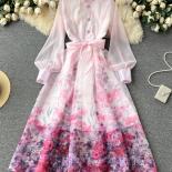 Autumn Vintage Pink/blue Floral Chiffon Long Dress Elegant Single Breasted Party Maxi Vestidos Female Vacation Beach Rob