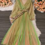 Spring Autumn Women Mesh Pleated Long Dress Vintage Pink/yellow/brown V Neck Flare Sleeve Draped Maxi Vestidos With Belt