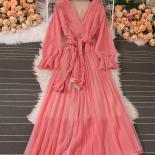 Spring Autumn Women Mesh Pleated Long Dress Vintage Pink/yellow/brown V Neck Flare Sleeve Draped Maxi Vestidos With Belt