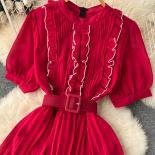 Summer Vintage Women Pleated Long Dress Red/purple/yellow Round Neck Puff Short Sleeve High Waist A Line Draped Maxi Rob