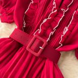 Summer Vintage Women Pleated Long Dress Red/purple/yellow Round Neck Puff Short Sleeve High Waist A Line Draped Maxi Rob