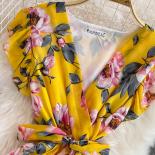 Summer Women Floral Pleated Long Dress Vintage Vneck Ruffle Draped Maxi Vestidos Female Vacation Beach Robe New Fashion 